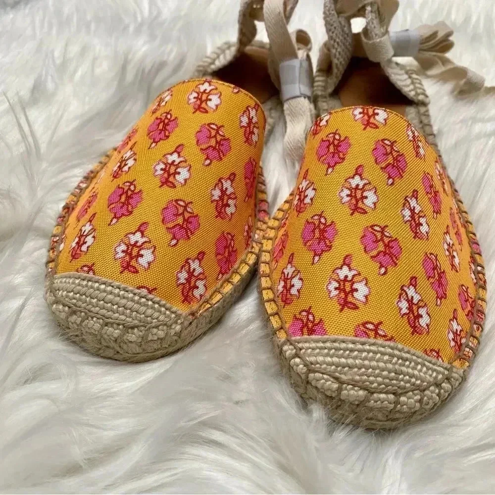 J.Crew Factory Printed Canvas Ankle Wrap Espadrille Sandals Orange Floral 8